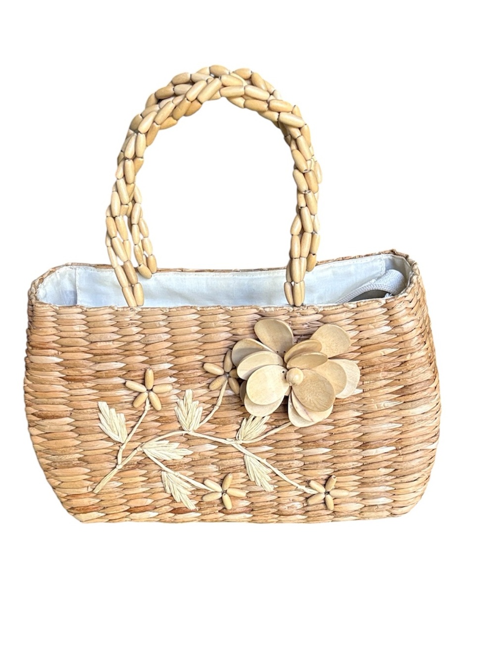 Feminine Romantic Woven Handbag with Wooden Floral Accents